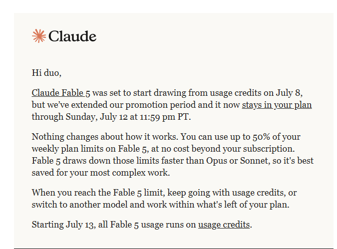 图片[1]-Claude Fable5免费体验延期，Pro用户可继续使用至7月12日-订阅易